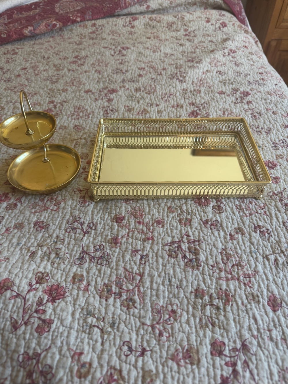 Gold Decorative Vanity Tray and Two-Tier Stand - Elegant Home Bath Accent